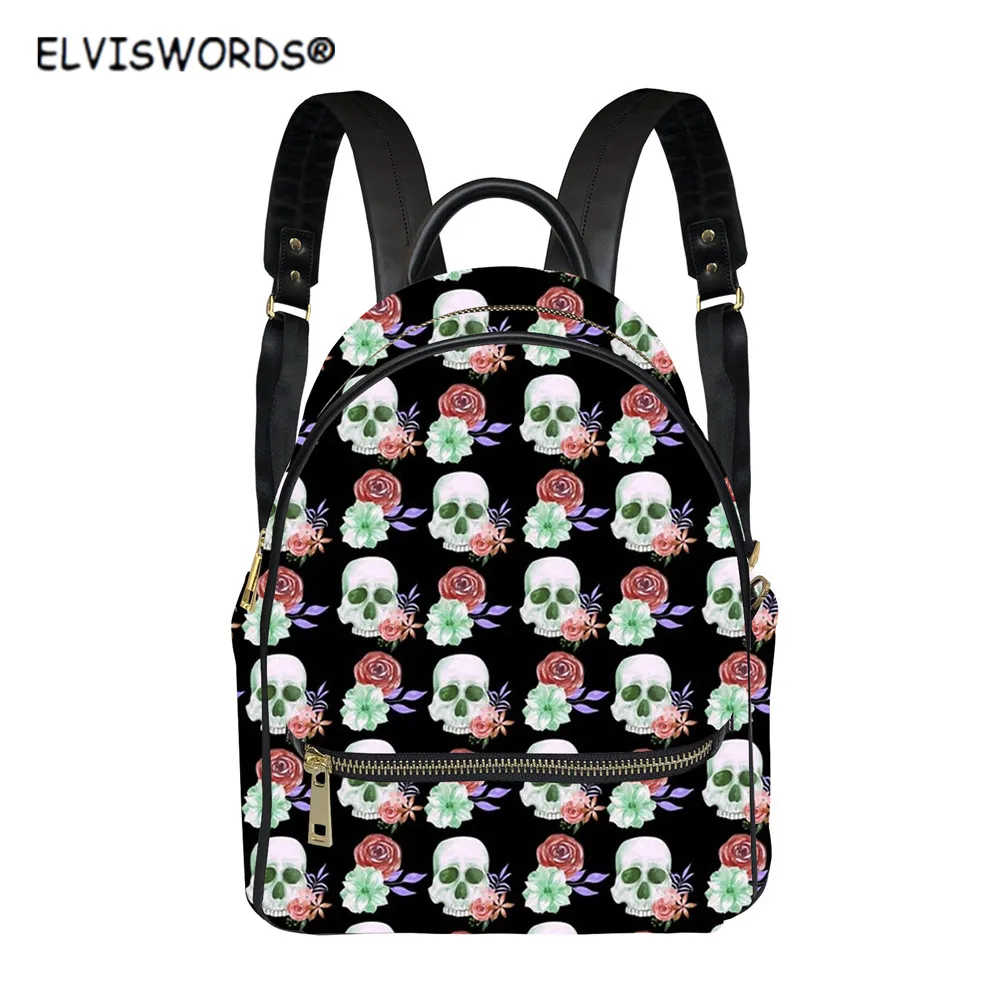 

ELVISWORDS Women Fashion Travel Backpack High Quality PU Shoulder Bag Teen Girls Street Skull and Leaves Design Bags for Mujer