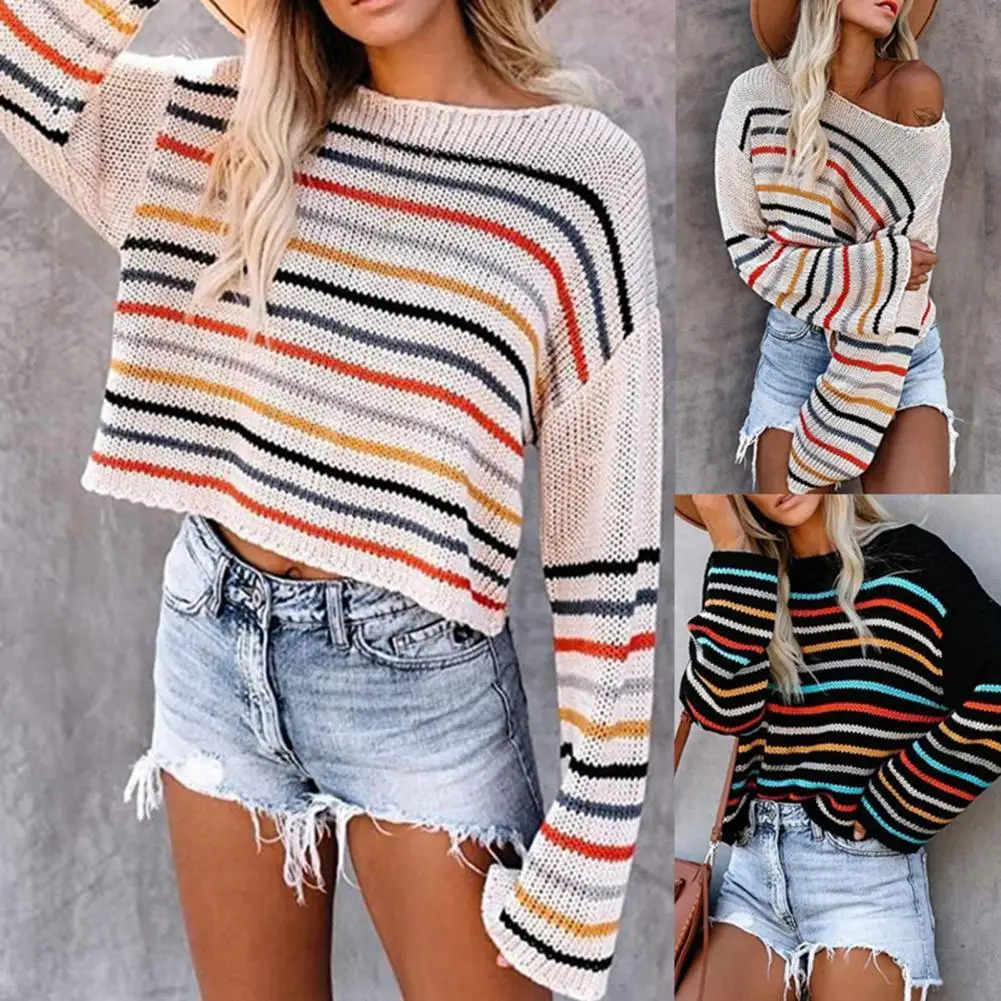 

Women Knitted Sweater Loose Sexy Off Shoulder Stripe Knitwear Jumpers Casual Warm Oversized Pullovers for Autumn Winter свитер