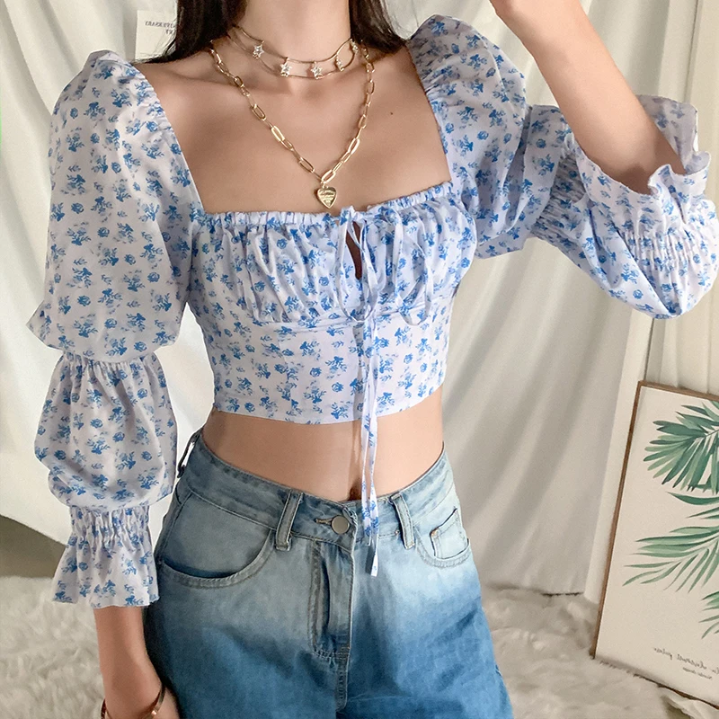 

S - 4XL New Elegant Floral Shirts Women Lace Up Top Kawaii Blouses Female Square Collar Puff Sleeve Vintage Sexy Shirt Tops Chic