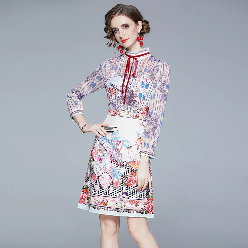 

Женское модельное винтажное платье с принтом, Элегантное повседневное платье до колен с длинным рукавом, Европейская мода, весна-осень