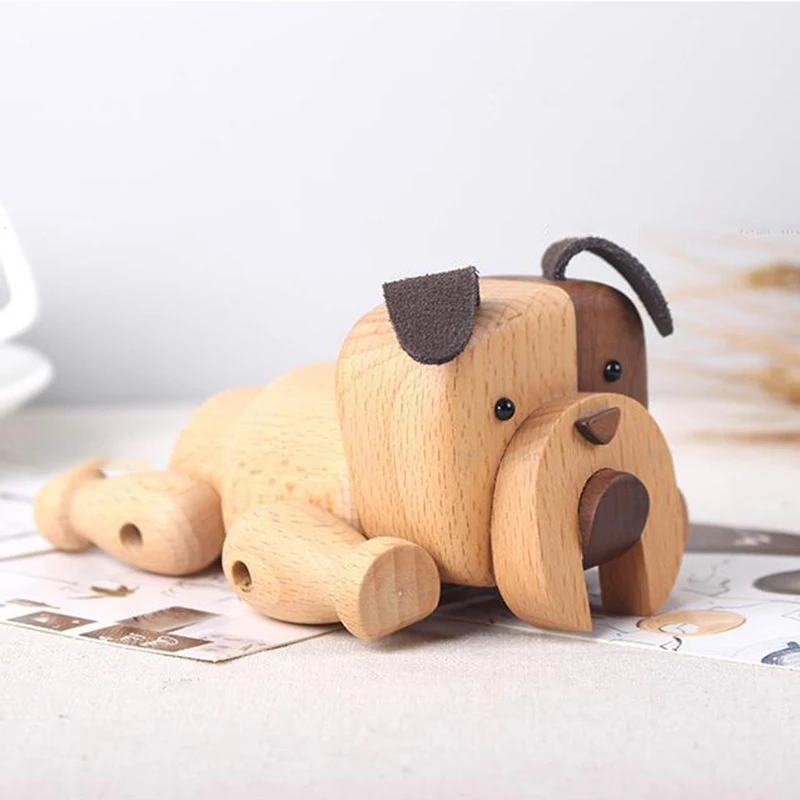 

Nordic Wooden Dog Handmade Figures Walnut Lovely Puppy Toys With Movable Joint Home Decoration Desktop Ornament EL