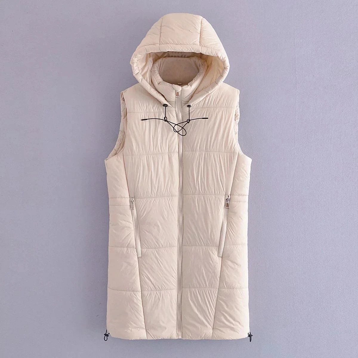 

Элегантный однотонный плотный теплый жилет с хлопковой подкладкой и капюшоном, текстурная Верхняя одежда без рукавов с эластичным поясом н...