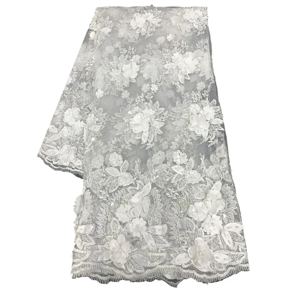 Элегантные белые кружева из Ганы африканские 3D цветы ручной работы вышитые
