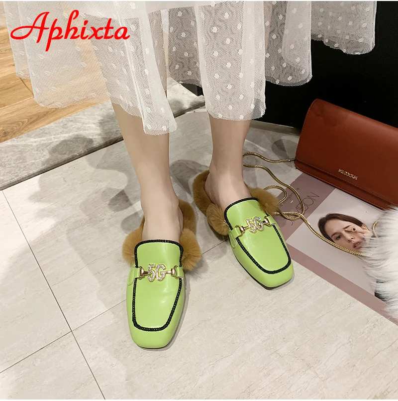 Aphixta/тапочки на Плоском Каблуке; женская обувь; Роскошные шлепанцы на меху со змеиным принтом и металлическими украшениями; женская теплая обувь; Mujer