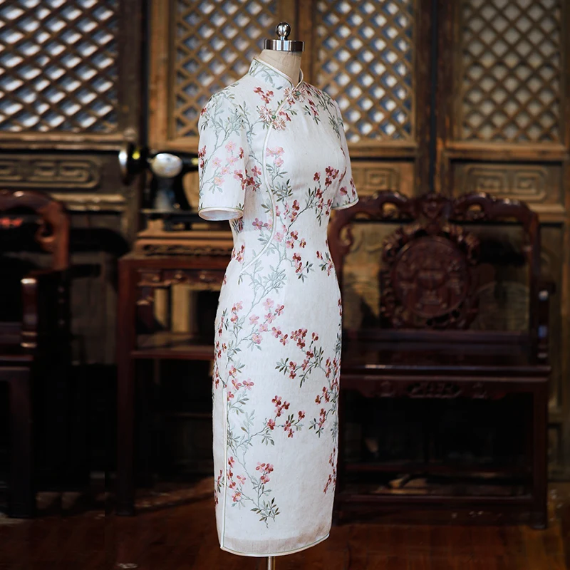 

Китайское Летнее Длинное Платье Чонсам из хлопкового волокна с вышивкой для молодых девушек