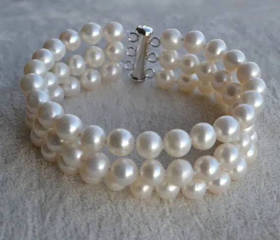 

Hot Sale Wedding Round Pearl Bracelet Magnet Clasp 7-8mm 3 Rows White Color Freshwater Pearl Bracelet Fine Women Jewelry Gift