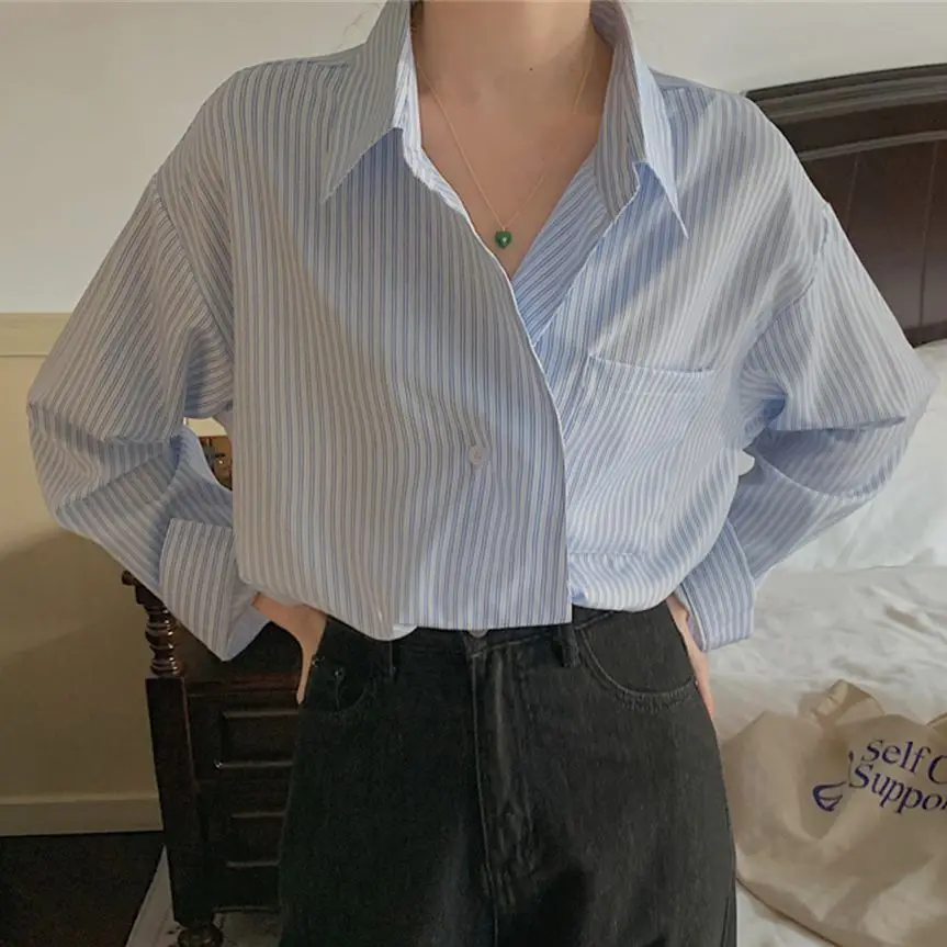 

Лидер продаж, рубашки HziriP в синюю полоску, Женская шикарная Новинка 2022, офисная одежда, Свободные повседневные универсальные офисные блузки...