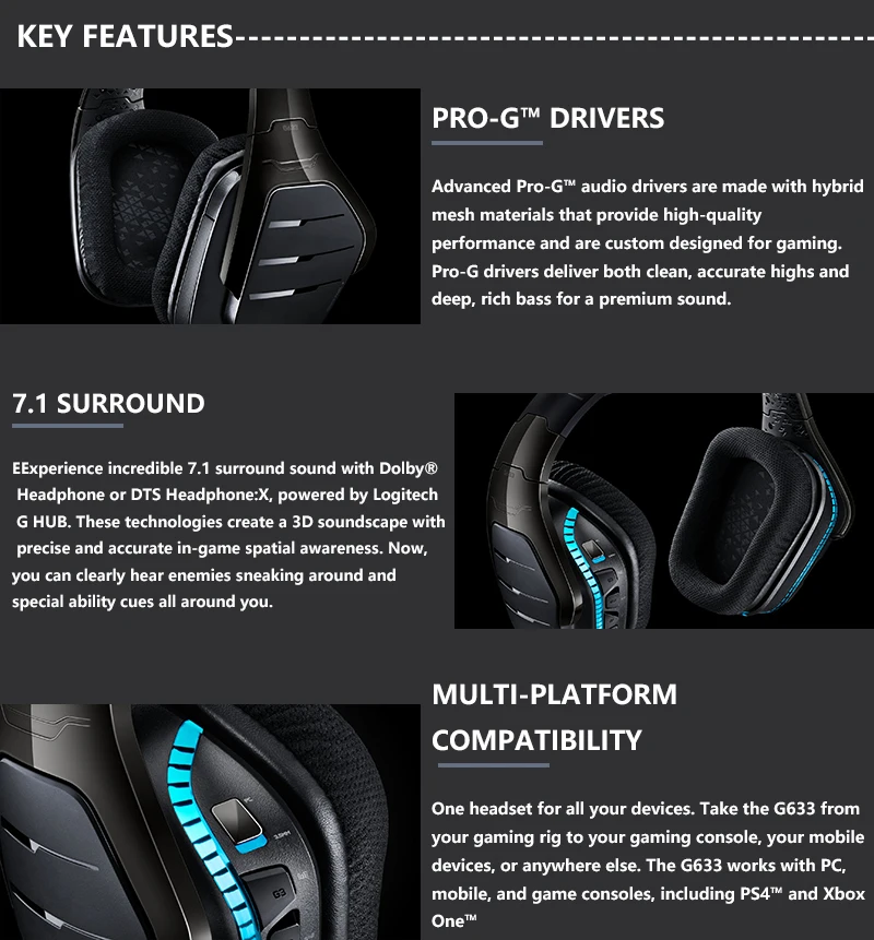 

For Mouse Gamer PUBG LOL Overwatch Logitech G633 7.1 RGB GAMING HEADSET Surround Sound Gaming Headphones Microphone Head