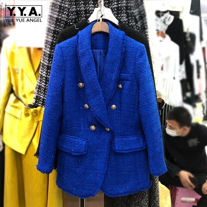 Женский твидовый пиджак с карманами повседневный короткий на одной пуговице в