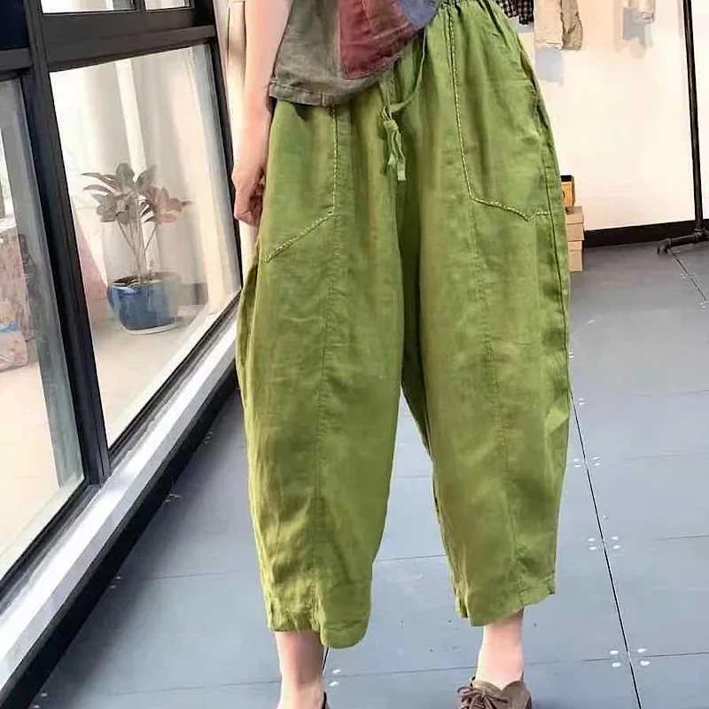 

Women Linen Loose Large Size Carrot Pants Literary Hand-embroidered Linen Casual Ankle Harlan Pants Plus Size Clothes
