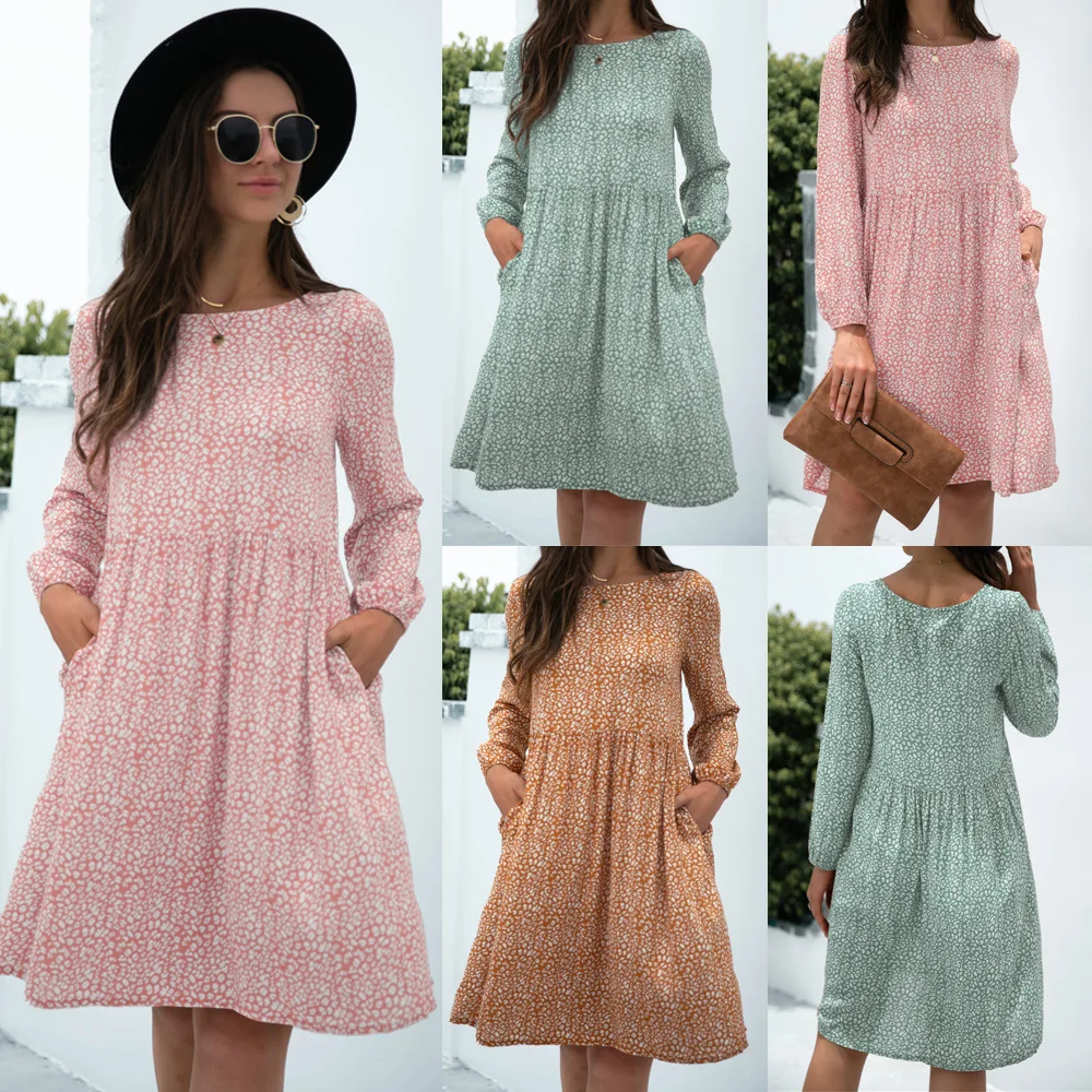 

Spring Autumn Dress Women Print A-line Pockets O-neck Long Sleeve Dress For Woman Vestidos De Mujer Clothing 2021 Robe Femme
