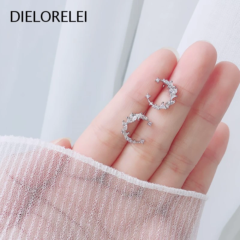 

DIELORELEI 925 Sterling Silver Eliminates Metal Allergies Moon Crystal Stud Earrings Simple For Women Accessories Gift Style