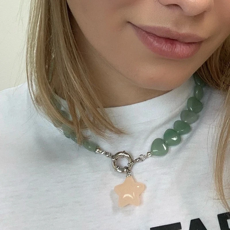 Бусы из натурального камня розовый кварц Нефритовое сердце кулон ожерелье для