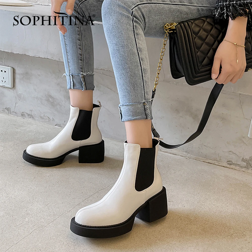 

Женские ботинки челси SOPHITINA, кожаные ботильоны на квадратном каблуке, без застежки, однотонные, премиум-класса, HO859