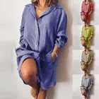 Женское длинное платье-рубашка с отложным воротником, Осеннее однотонное свободное платье-рубашка с длинным рукавом и пуговицами, сарафан с карманом, рабочее Повседневное платье, платье оверсайз, 2021