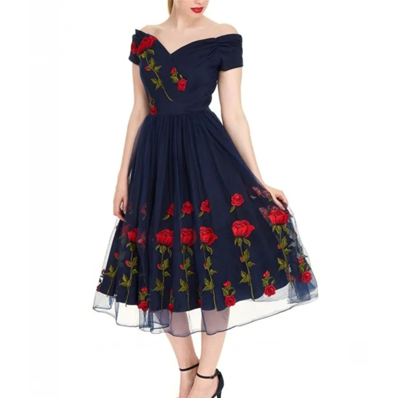 

2020 с цветочным принтом для девочек с вышитыми розами сетки с sholuder Летнее платье сексуальный v-образный вырез в винтажном стиле, элегантное, п...