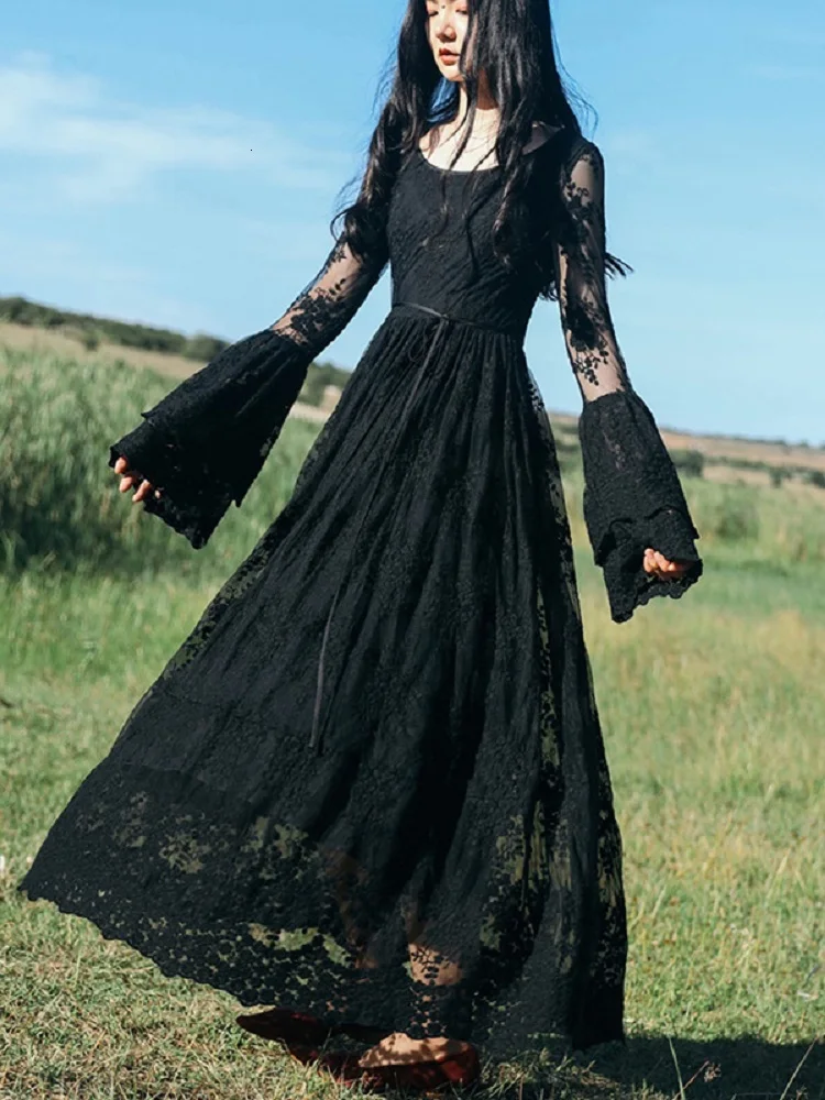 LANMREM 2020 кружевное платье весеннее новое длинное сплошное цветной раструб рукав