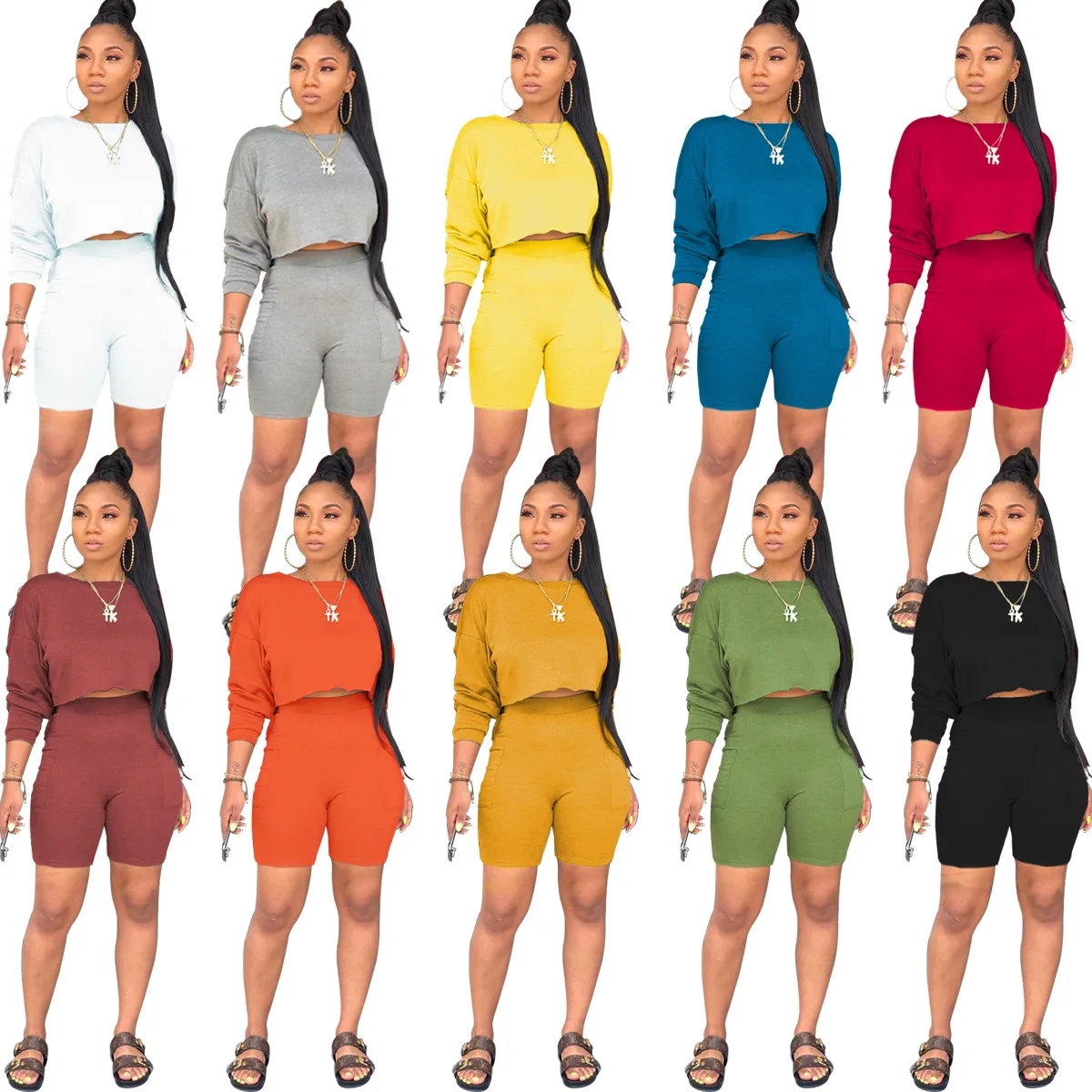 

S-XXL Ladies' Sports Suit Simple Casual Home Solid Color Long-sleeved Short Top Round Neck Shorts Two-piece Suit
