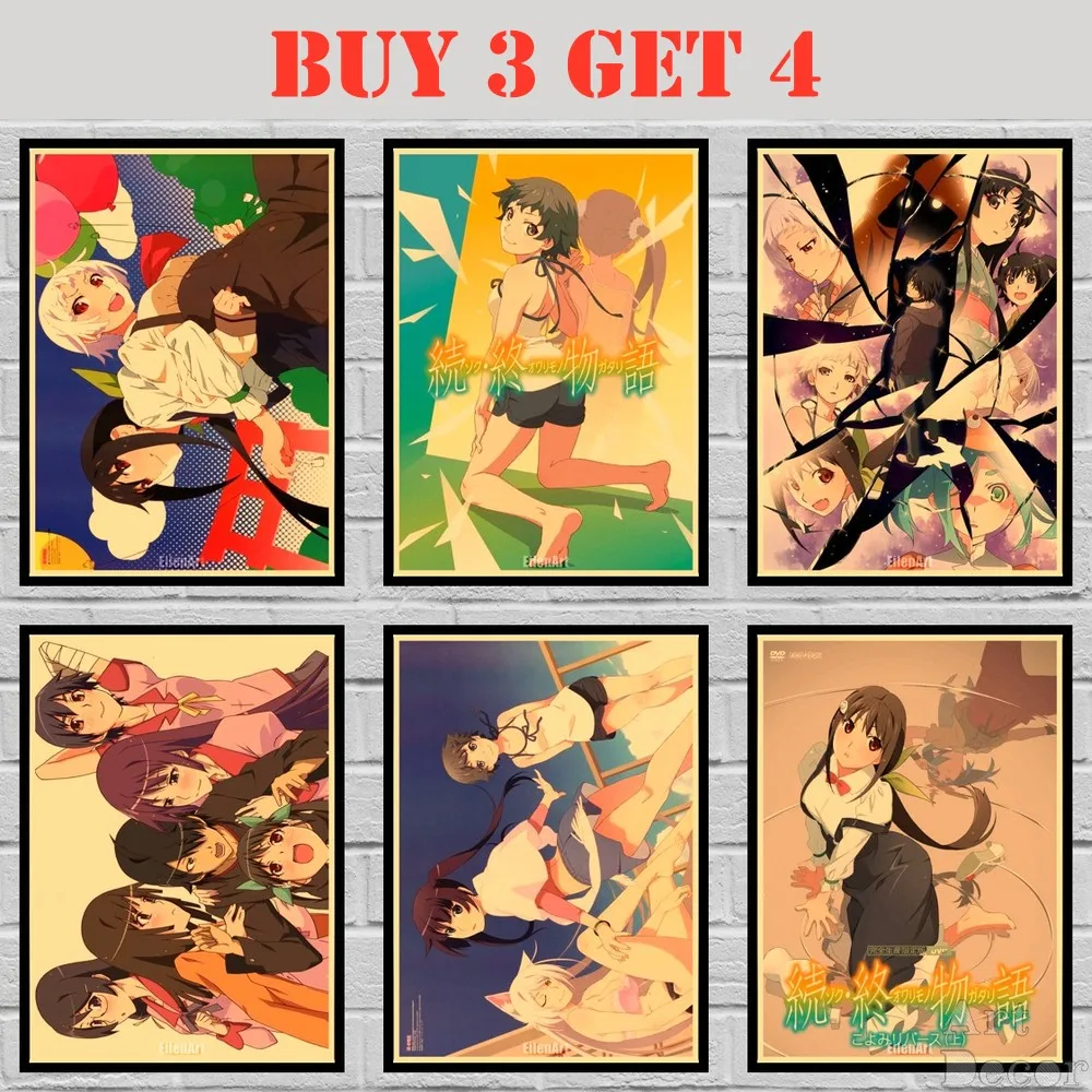 Аниме Zoku Owarimonogatari постер из крафт бумаги мультяшная живопись абстрактная