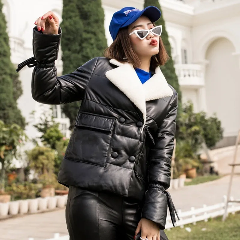 Winter New Brand Lamb Fur Collar Warm Short Coats Slim Fit Streetwear Flare Sleeve Genuine Leather Sheepskin Womens Down | Женская