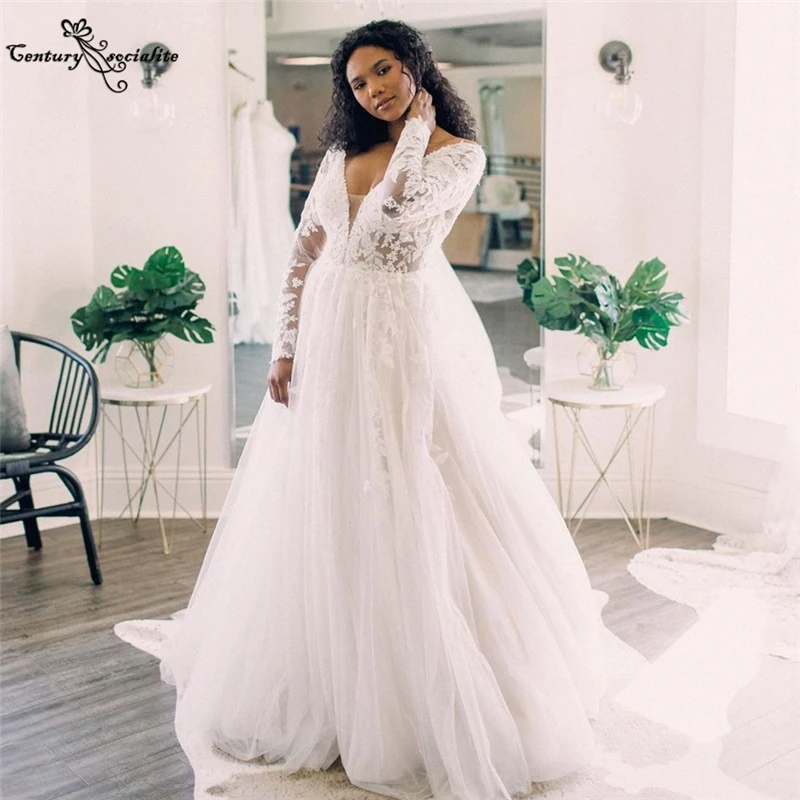 

Plus Size Wedding Dresses for Women 2021 Lace Appliques Long Sleeve V-Neck A-Line Boho Bridal Gowns Bride Dress Vestido De Noiva