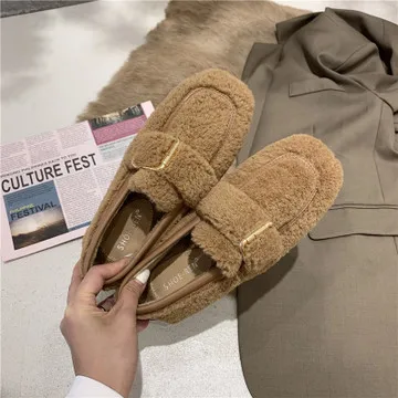 

Shoes Woman Flats Autumn Modis Square Toe Casual Female Sneakers All-Match Loafers Fur Dress Fall New Winter 2021 Moccasin Fabri