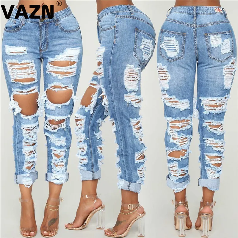 VAZN HSF2061 хит продаж товар 2019 летние сексуальные женские синие джинсы свободные