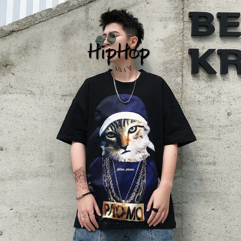 Liketkit летняя мужская футболка в стиле хип-хоп с рисунком кота Харадзюку хлопок