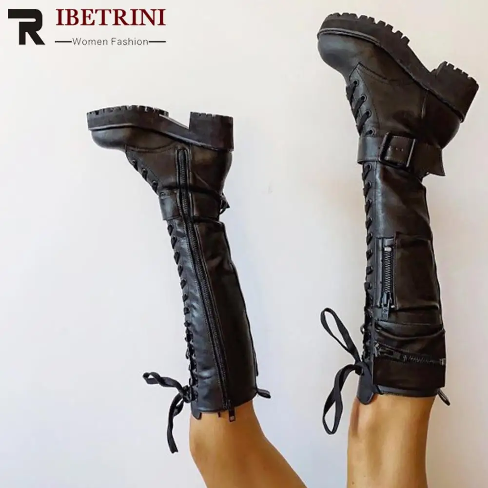 Knee High Boots Women Cool Goth Zipper Design Cool Lace Up Chunky Heel High Quality Shoes Woman Fashion Popualr Big Size 45