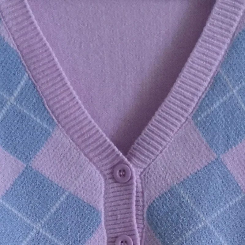 Винтажный милый ромбовидный вязаный кардиган с геометрическим узором женский