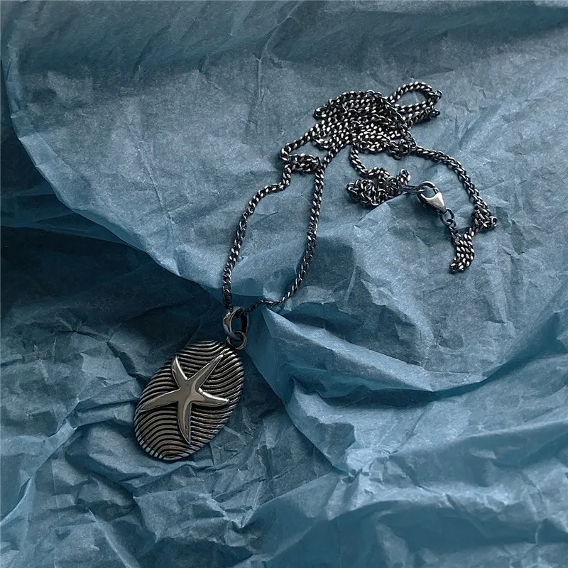 

POFUNUO Women Vintage Cool Cold Wind Necklace Make Old Distressed Starfish Pendant Necklace Sweater Chain Female Luxury Chokers