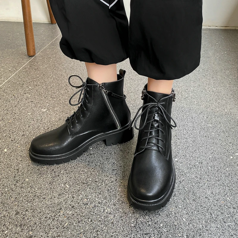 

Cross Tied Shoes Woman 2021 Winter Genuine Leather Chunky Heels Ankle Boots For Women Concise Working Basic Boots size41 42