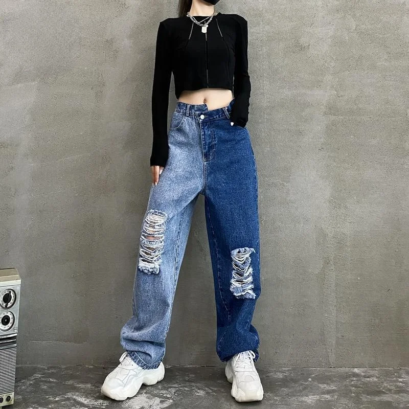 

2021 Woman jeans y2k jeans lady wide leg pants high waist straight leg pants baggy jeans Personality hip hop jeans Ripped jeans