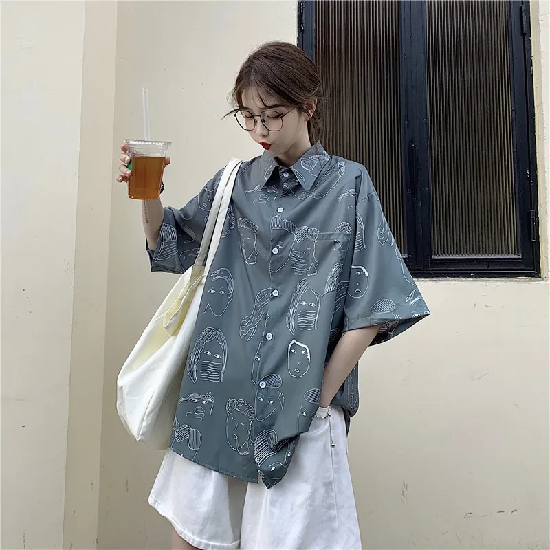 

Houthion Women's Blouses Fashion Short Sleeve Top Cartoon Buttons Polo Shirt Summer New Casual Blouse Chiffon Loose Plus Size