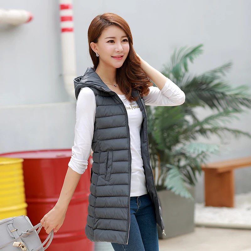 

Women's Long Vest Slim Solid Autumn Winter Plus Size Casual Ladies Sleeveless Jacket Hooded Pockets Waistcoat for Female