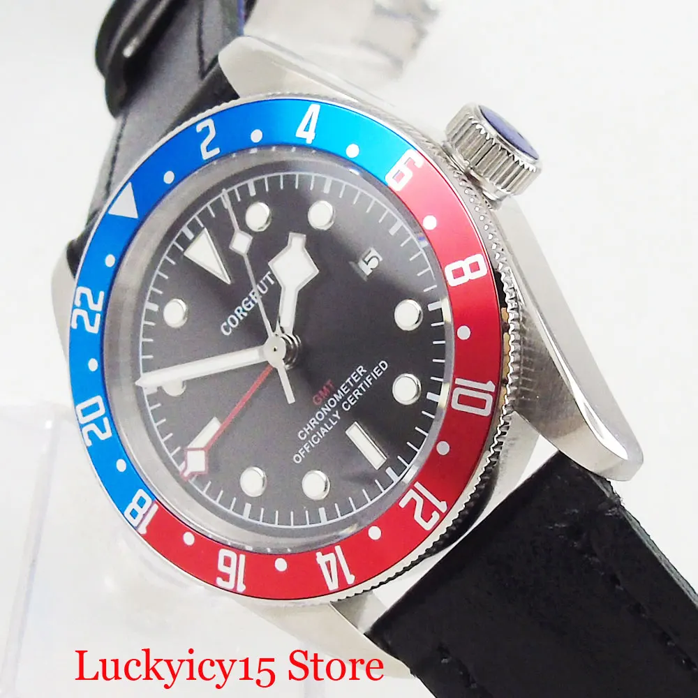 

CORGEUT Fashional Men Wristwatch 41mm Sapphire Glass Date Function GMT Blue Red Bezel Deployment Clasp