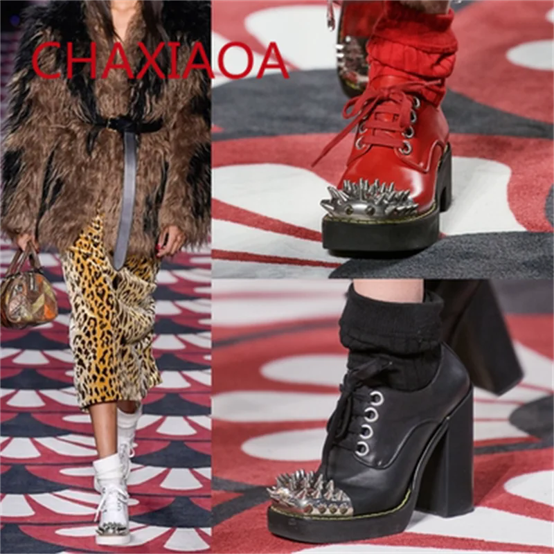 

CHAXIAOA 2021 Spring New Women Pumps Round Toe Rivets Studs Ladies Platform Shoes Sexy Square Heel Pumps Female Dress High Heels