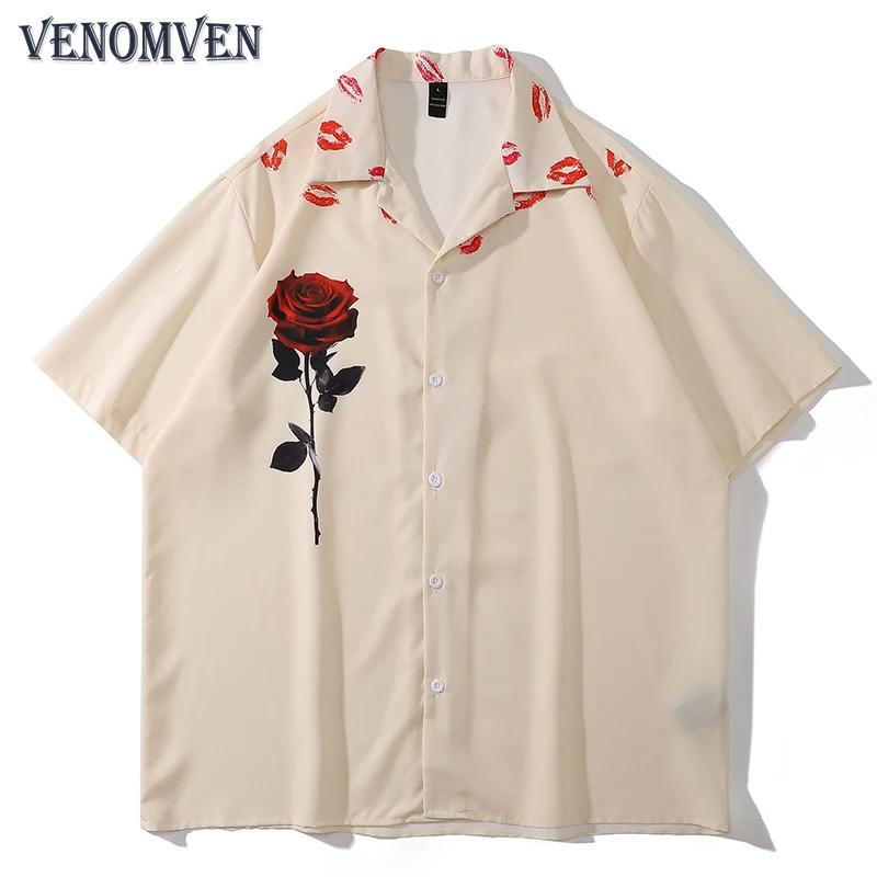 

Harajuku Vintage red lips rose flower pattern Hawaiian shirt men's anime oversized fashion street punk beach shirt women Grunge
