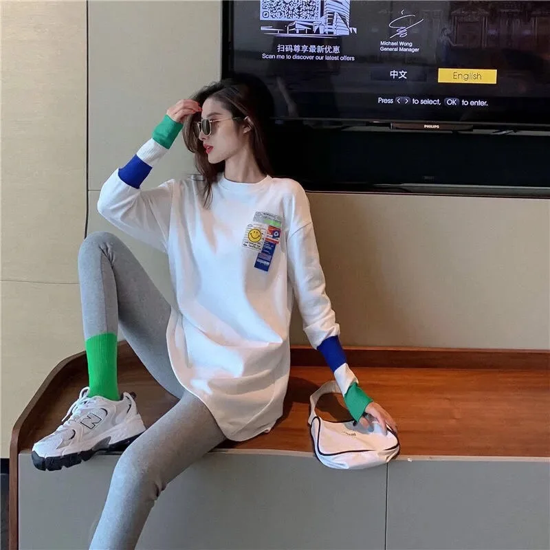 

Patchwork Long Sleeve T-shirt Loose Cotton Large Size Tee Shirt Casual Women's Fashion 2021 Mujer Camisetas Korean Style