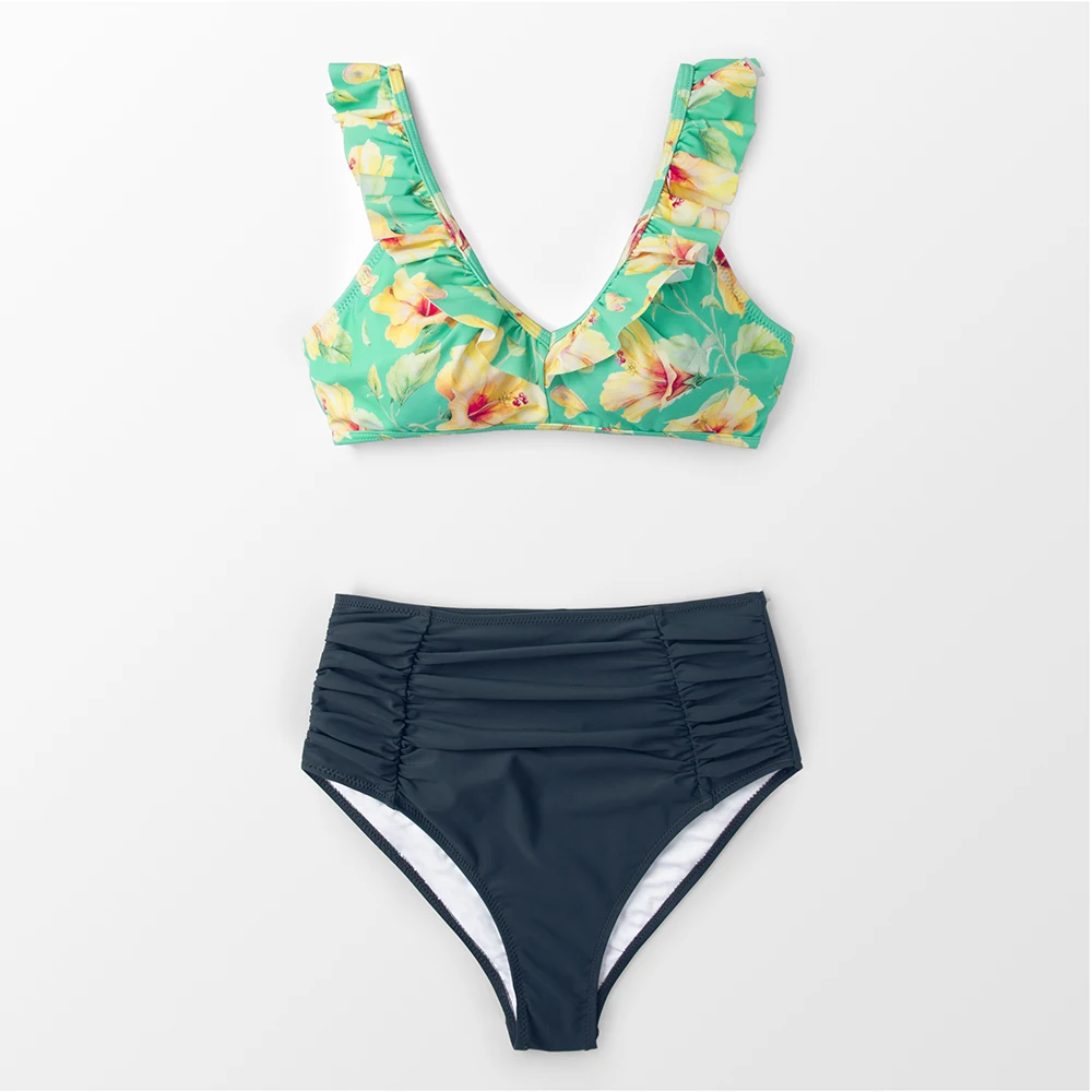 Женский купальник бикини CUPSHE голубой в полоску с высокой талией и оборками