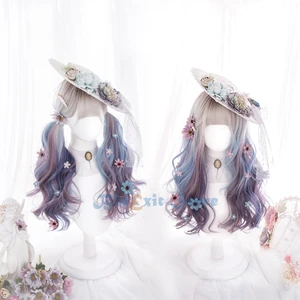 Gradual Purple Blue Lolita Wig Harajuku Sweet Long Curly Body Wave Mixed Colors Synthetic Hair Fringe Bangs Daily Adult Girls