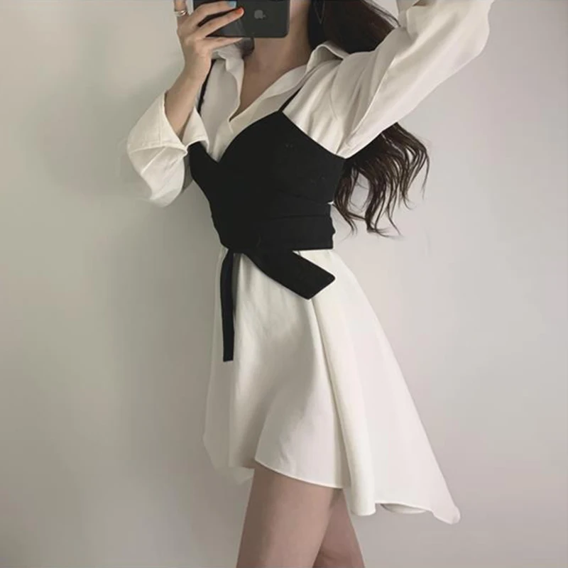 

Shirt Dress For Women 2021 Summer Korean Style Clothing Chic Fashion Elegant Long Sleeve Loose Turn-Down Collar New
