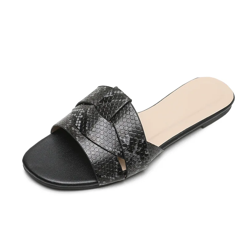 

Women's slippers flat bottom casual wear one line beach shoes flat heel snake pattern large size sandals summer