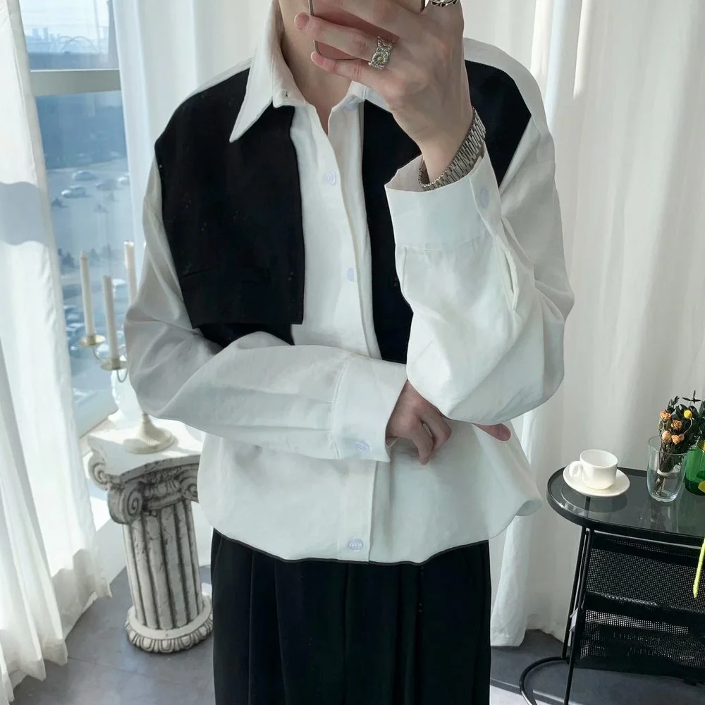 

Spring Summer Fake Two Shirts for Men 2021 Contrast Stitching Japanese Long Sleeve Shirt Fashion Couple Clothing Designer Tops