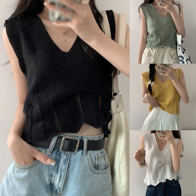 

Female Fashion Sleeveless Vest 2021 Summer New Hollow Out Irregular Hem Women V-neck Loose Knit Tank Tops