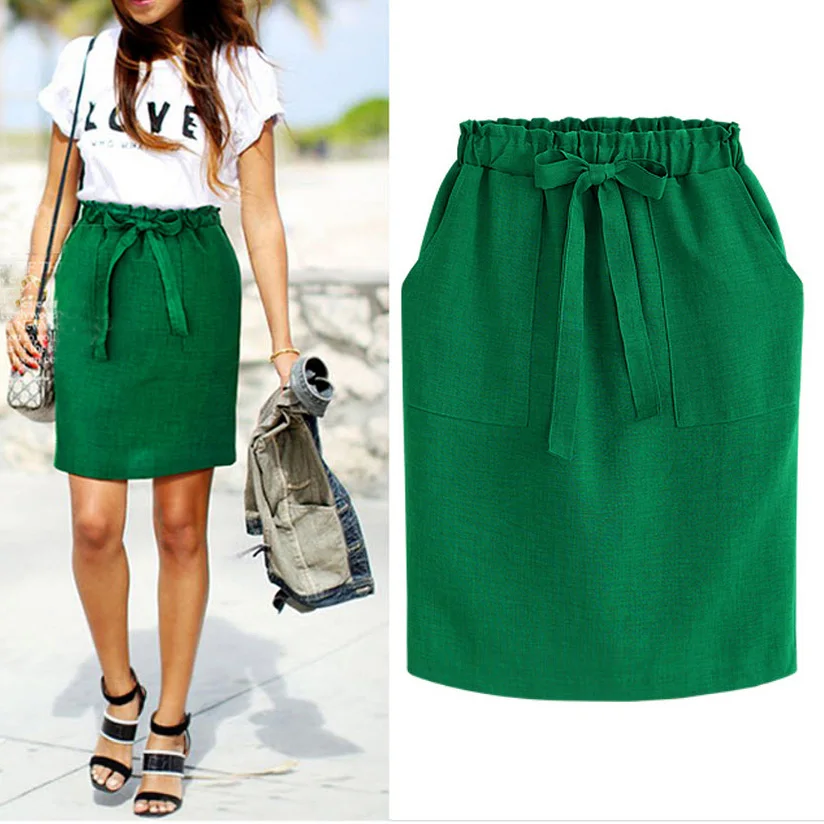 

Женская офисная юбка-карандаш, зеленая хлопковая облегающая юбка с эластичным поясом и бантом, лето-осень 2022