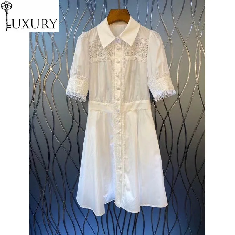 

Style 100%Cotton 2020 Summer Women Turn-down Collar Hollow Out Embroidery Short Sleeve Casual Long Shirt Dress Yellow XL