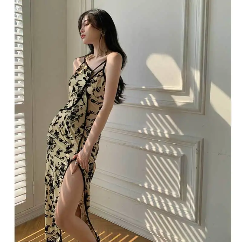 

women's new skirt closed modified Dress Qipao mid and summer dress suspender style slim spring waist long Qipao waist closed sl