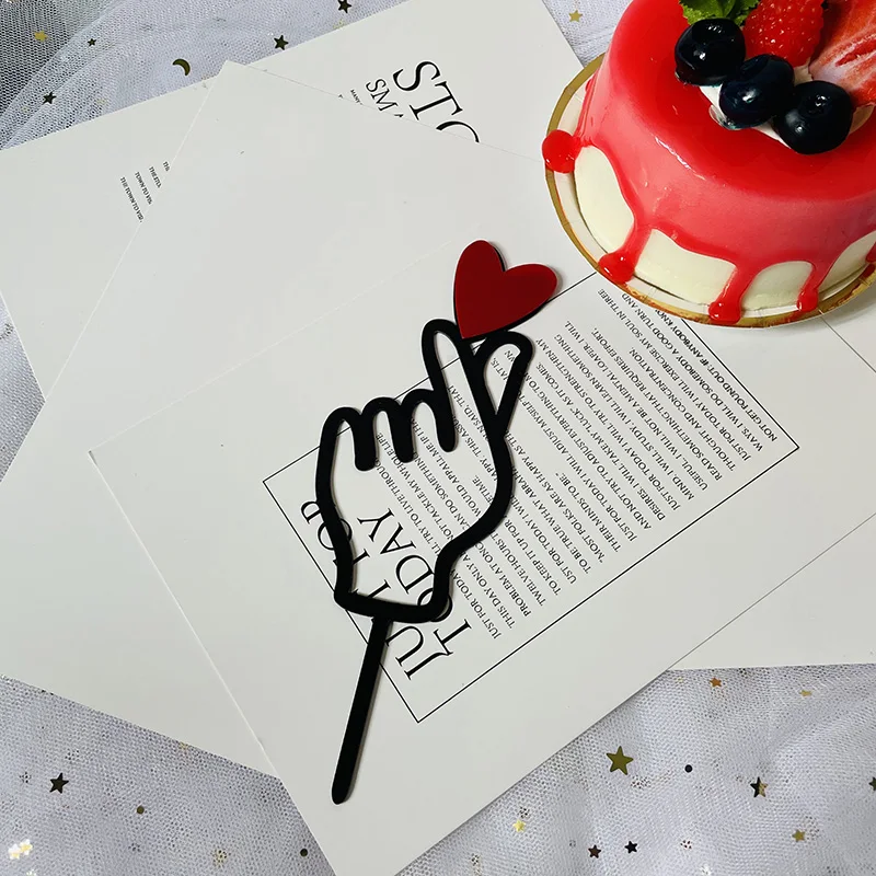 

New Acrylic Valentine's Day Cake Topper Red Love Heart Gesture Baking Cupcake Topper for Birthday Party Cake Decoration Supplies