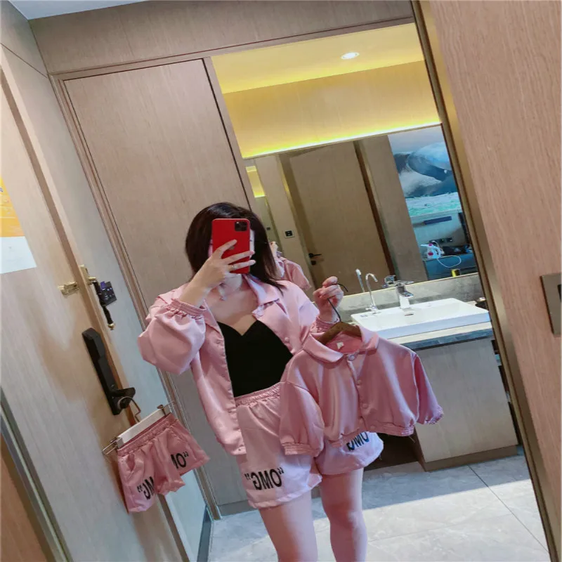 

2021 Children Clothing Spring and Summer New Girls Two Piece Suit Casual Long Sleeve Solid Color Blouse with Shorts Suits